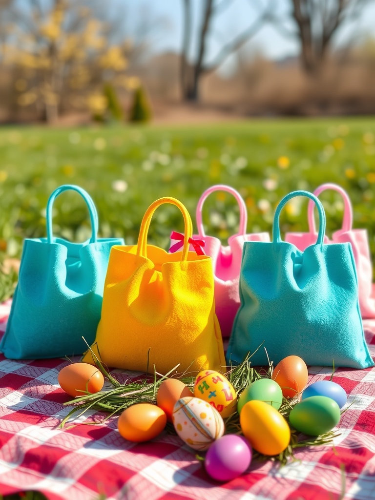 Colorful felt bags for Easter egg hunts on a picnic blanket with eggs.