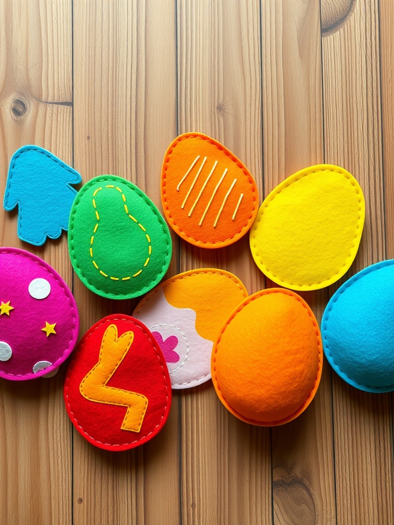 Colorful felt Easter eggs on a wooden table