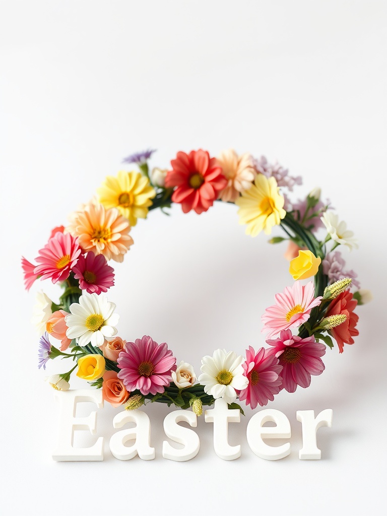 A colorful flower crown made with artificial flowers and the word 'Easter' in white letters.