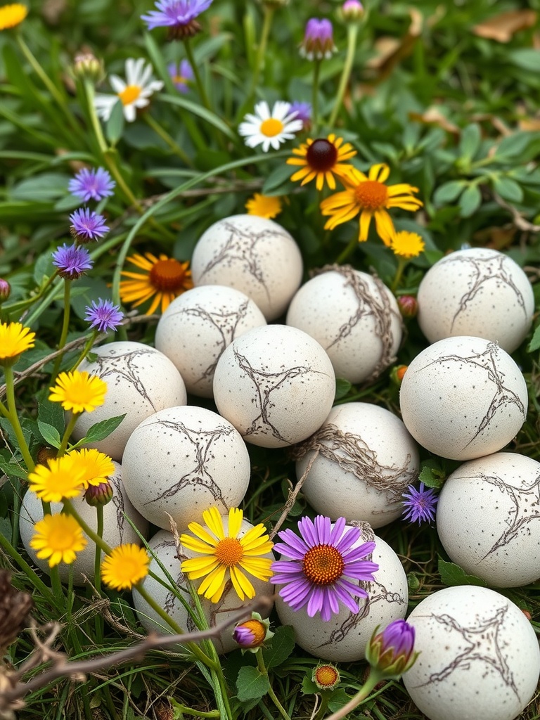 Flower seed bombs surrounded by colorful flowers in a garden