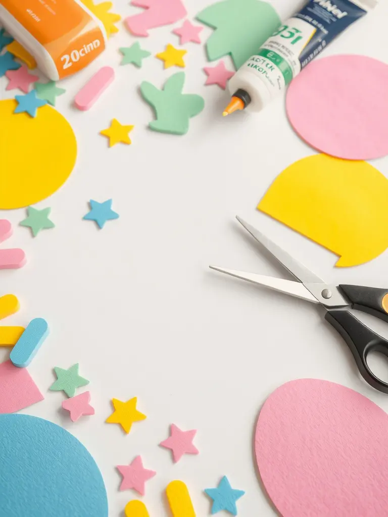 Colorful foam shapes, scissors, and glue for Easter decorations