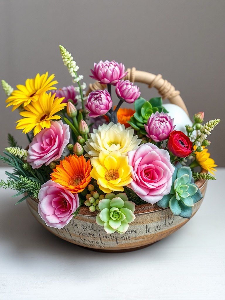 A colorful arrangement of fresh flowers and succulents in a decorative basket.