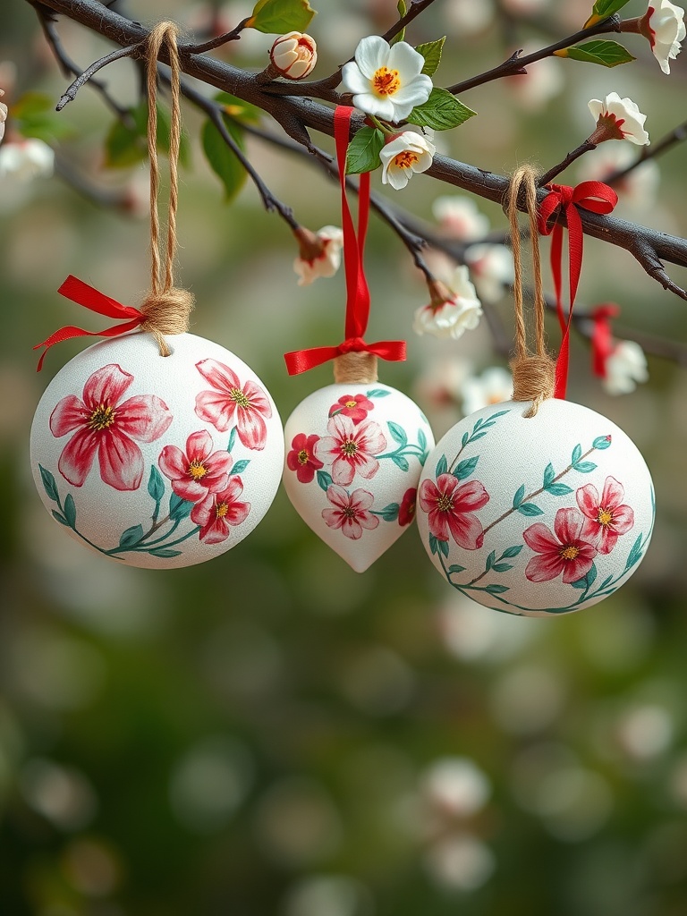 Hand-painted wooden Easter ornaments hanging from a branch with flowers.