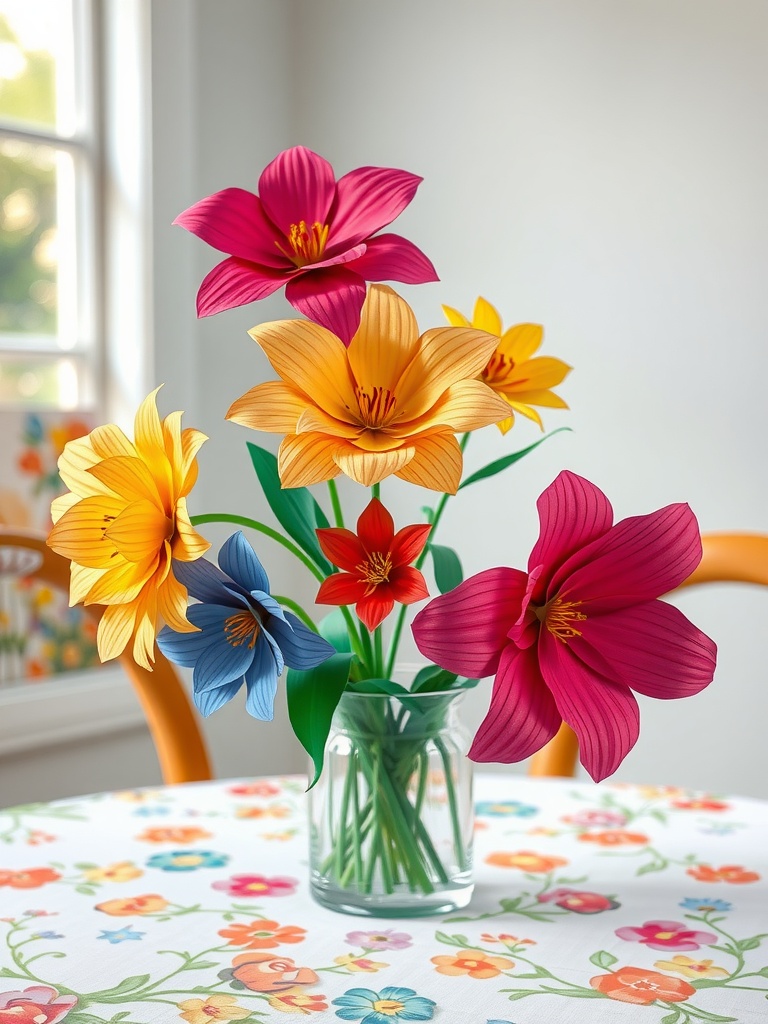 A vibrant bouquet of handmade paper flowers in a clear vase on a floral tablecloth.