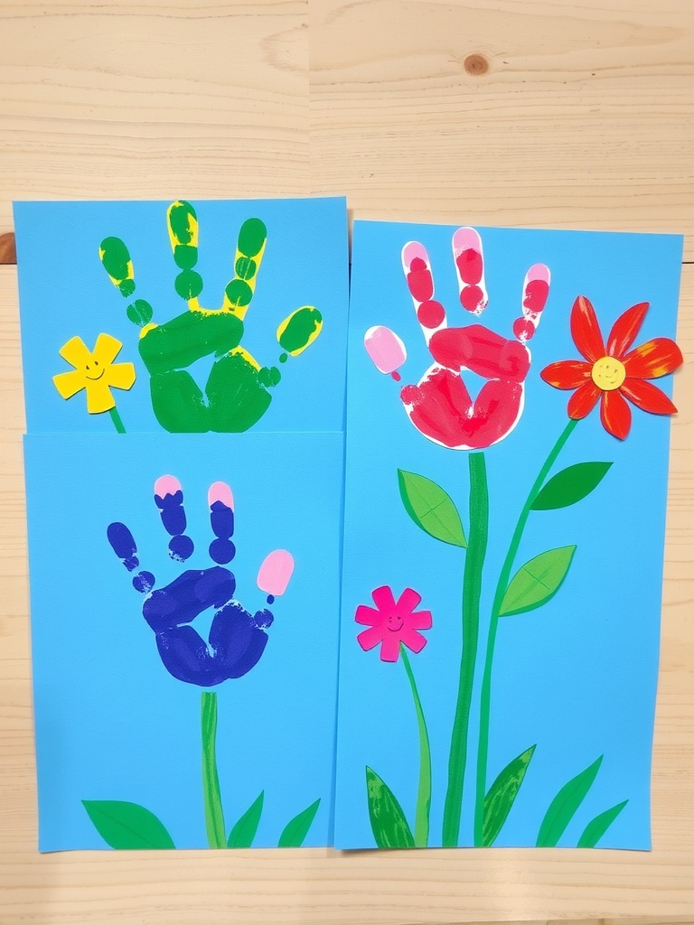 Colorful handprint flower cards made by children, featuring handprints as flowers on blue paper.