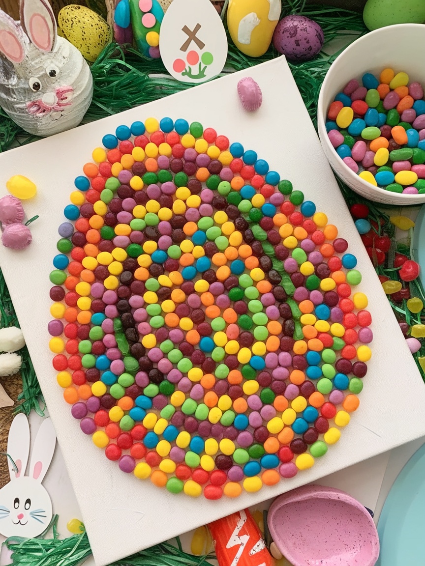 Colorful jelly bean art spelling 'EASTER' on white paper