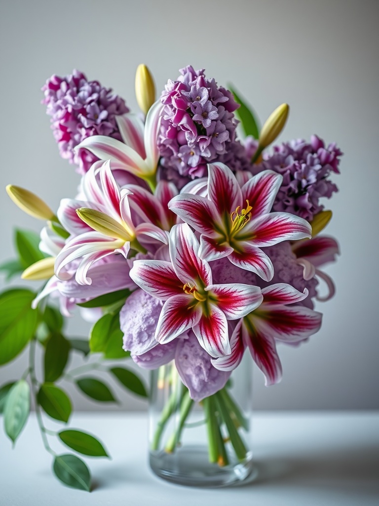 A beautiful flower arrangement featuring lilacs and lilies in a clear vase.