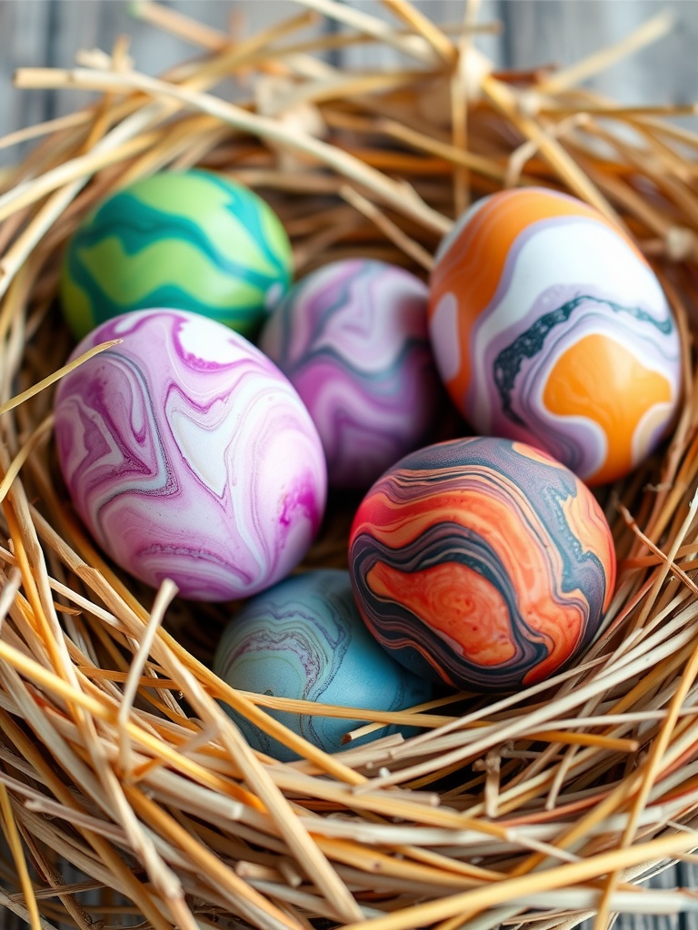 A colorful display of marbled Easter eggs in a nest