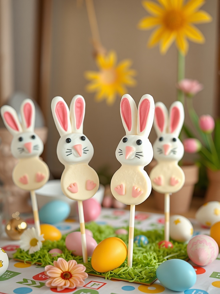 Cute marshmallow bunny pops decorated with pink and black accents, set against a colorful Easter-themed backdrop.