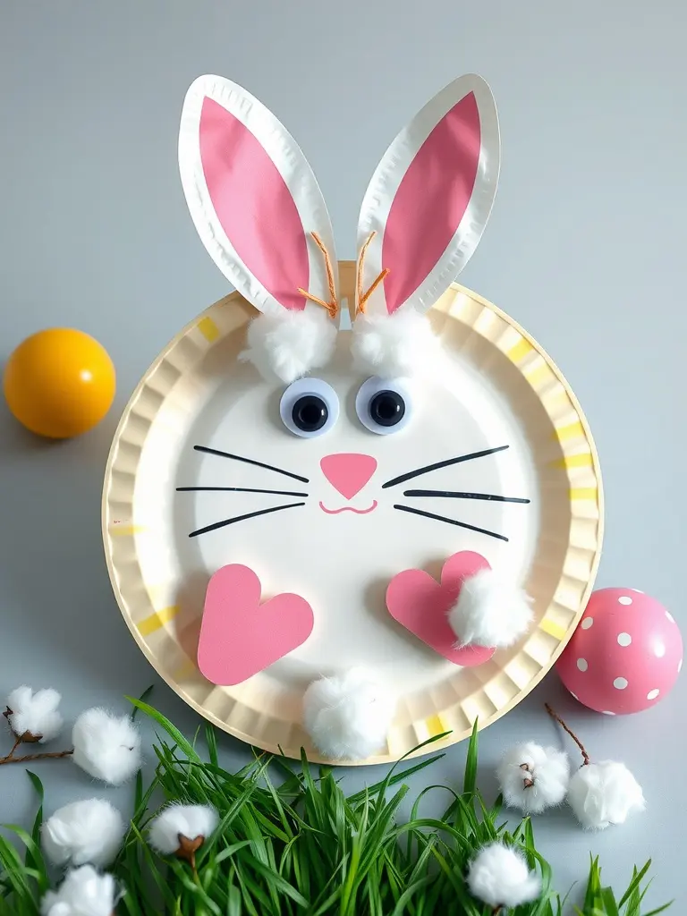 A paper plate Easter bunny with cotton ball features and pink paper ears, surrounded by colorful eggs and grass.