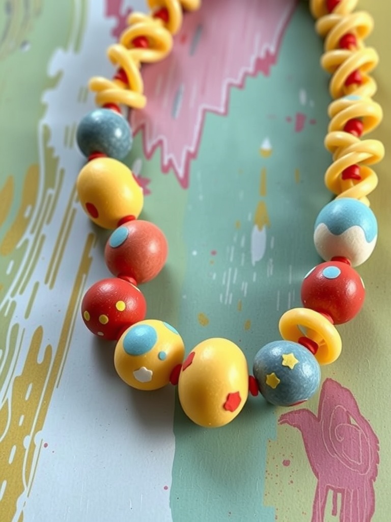 Colorful pasta necklace on a decorated background