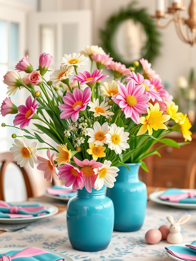 Pastel flowers in teal vases on a festive table