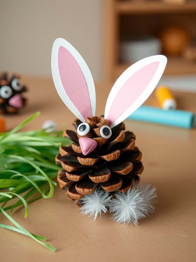 A cute pinecone bunny craft with pink ears and a pom-pom nose, surrounded by crafting materials.