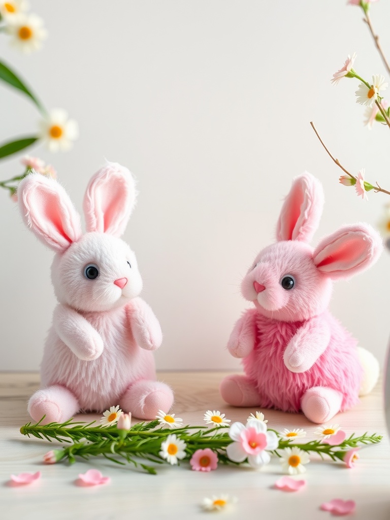 Two cute pom-pom bunny decorations surrounded by flowers.