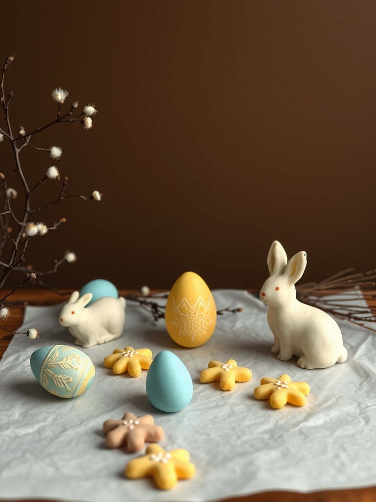 Colorful salt dough Easter ornaments including bunnies, eggs, and flowers, set on a light background.