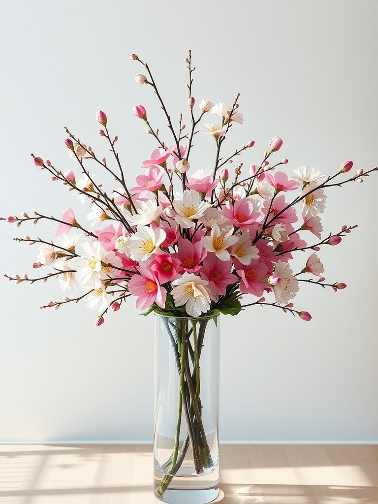 A beautiful arrangement of pink and white seasonal blooming branches in a clear vase