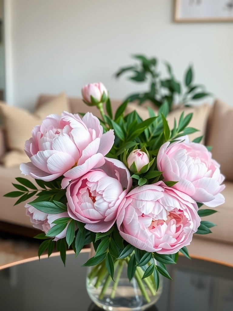 A bouquet of soft pink peonies arranged with green leaves in a clear vase.