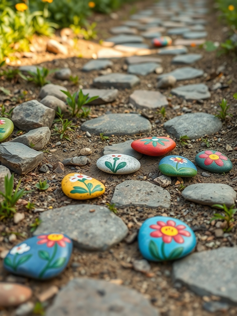 Colorful painted rocks decorated with flowers placed along a stone pathway in a garden.