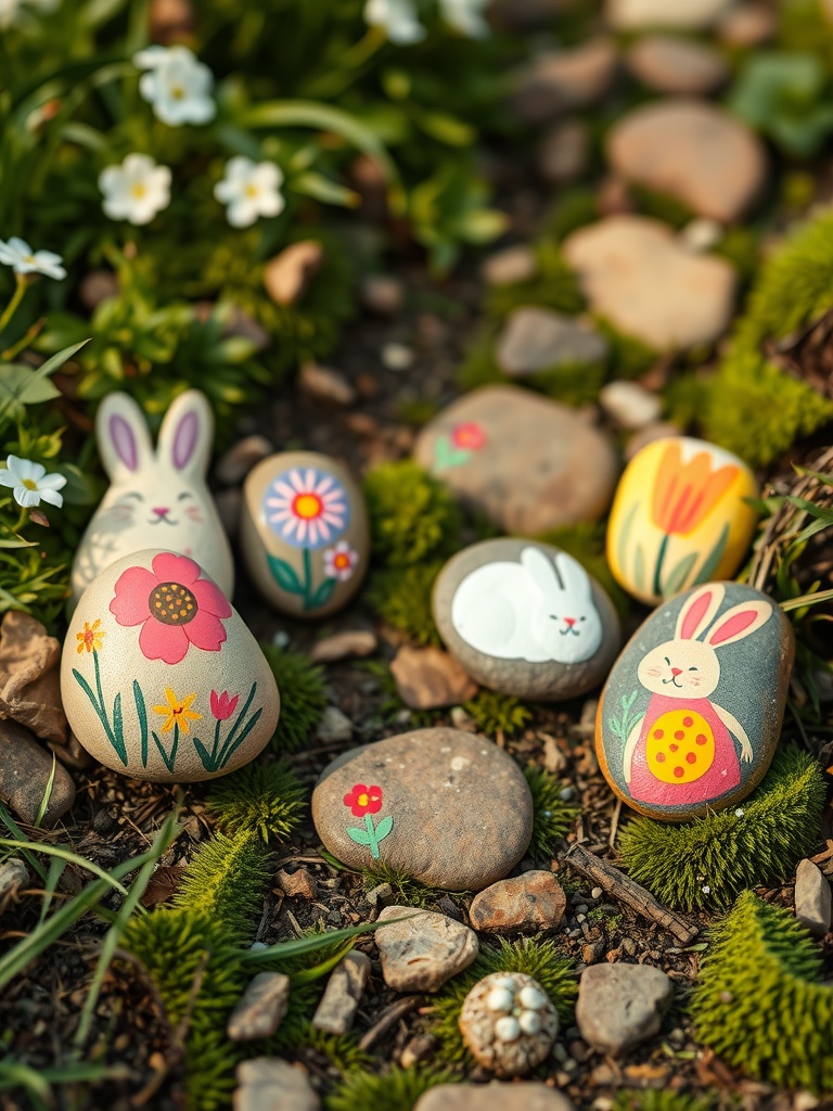 Colorful painted rocks in a garden with spring flowers.