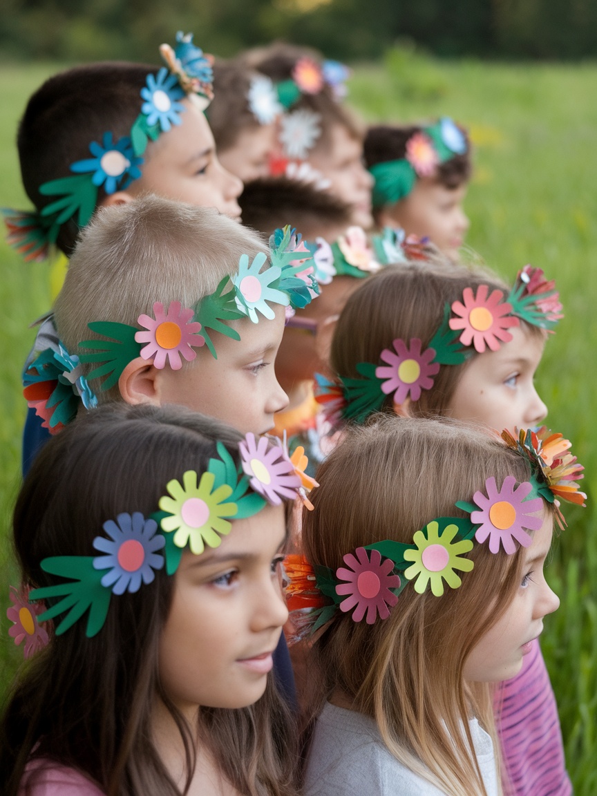 Children wearing colorful paper flower crowns with vibrant flowers and green leaves.