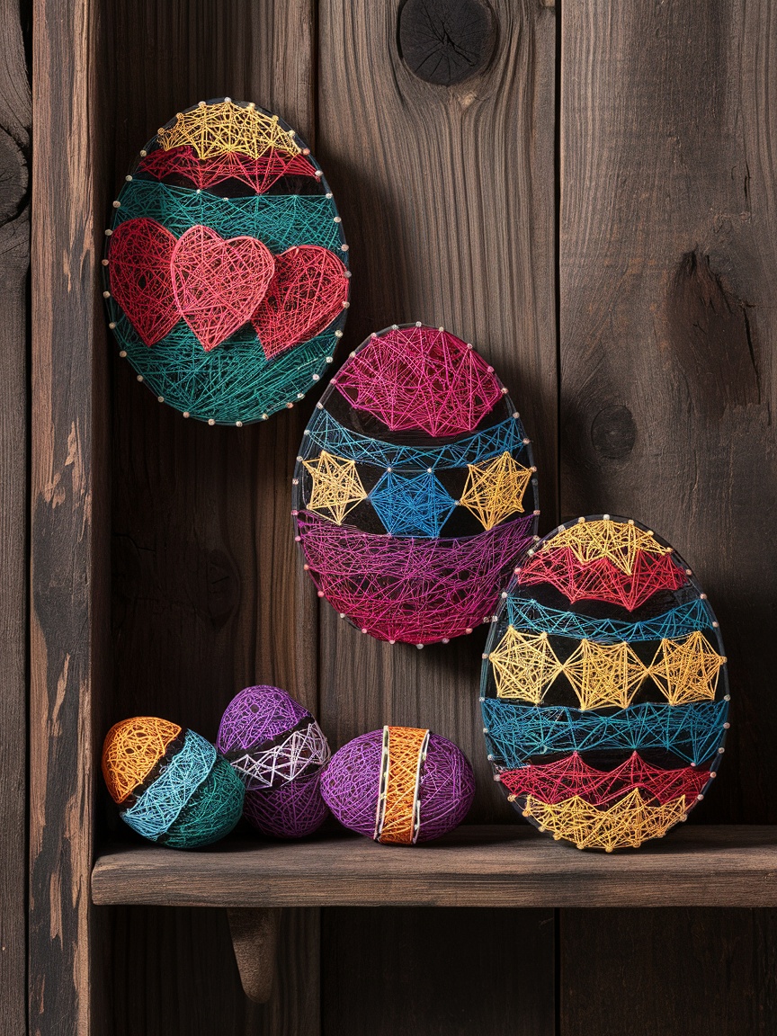 Colorful string art Easter eggs displayed on a wooden background