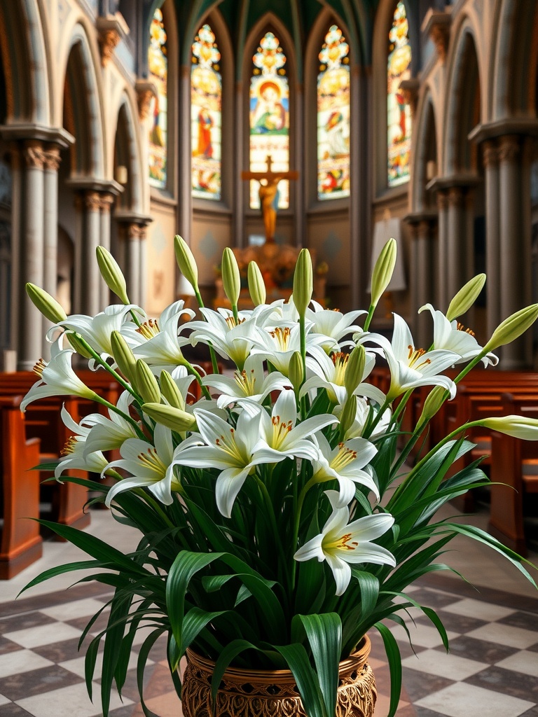 A traditional Easter lily arrangement displayed in a church setting, with white lilies in a decorative vase and stained glass windows in the background.