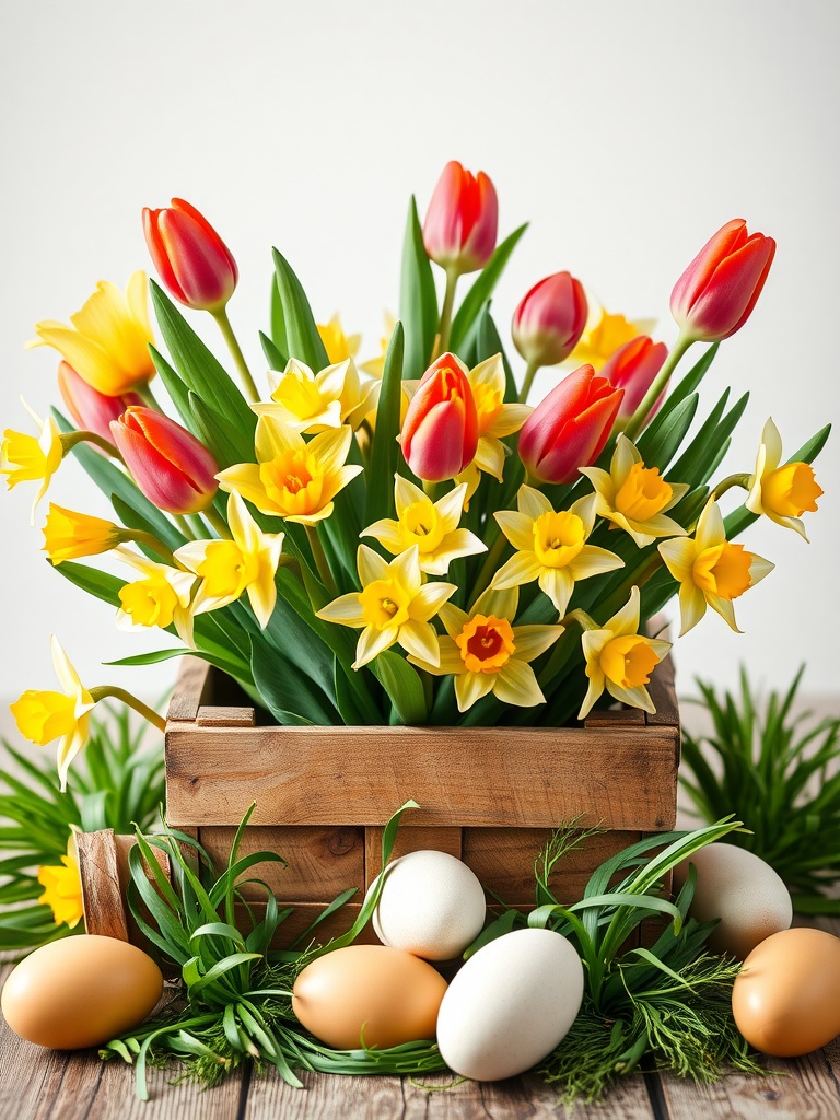 A cheerful arrangement of tulips and daffodils in a wooden crate, surrounded by eggs and greenery.