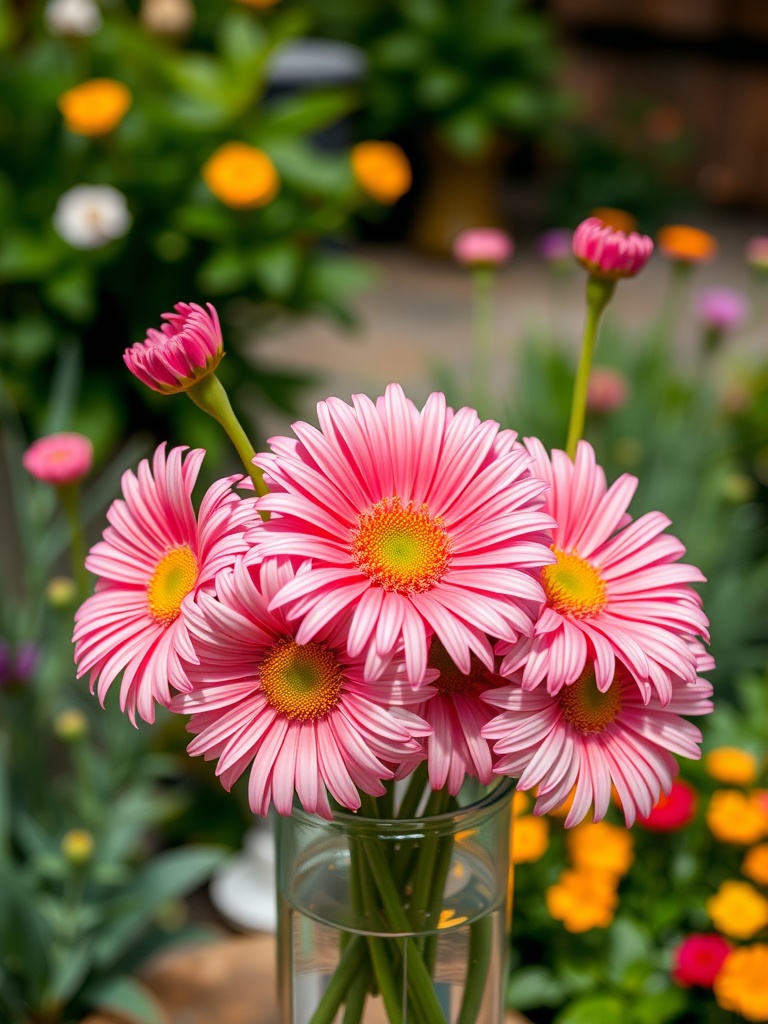 A vibrant arrangement of pink Gerbera daisies in a clear vase