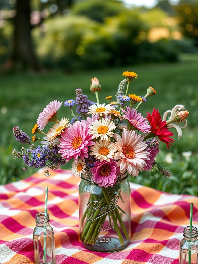 A colorful wildflower bouquet in a mason jar, set on a checkered tablecloth in a garden.