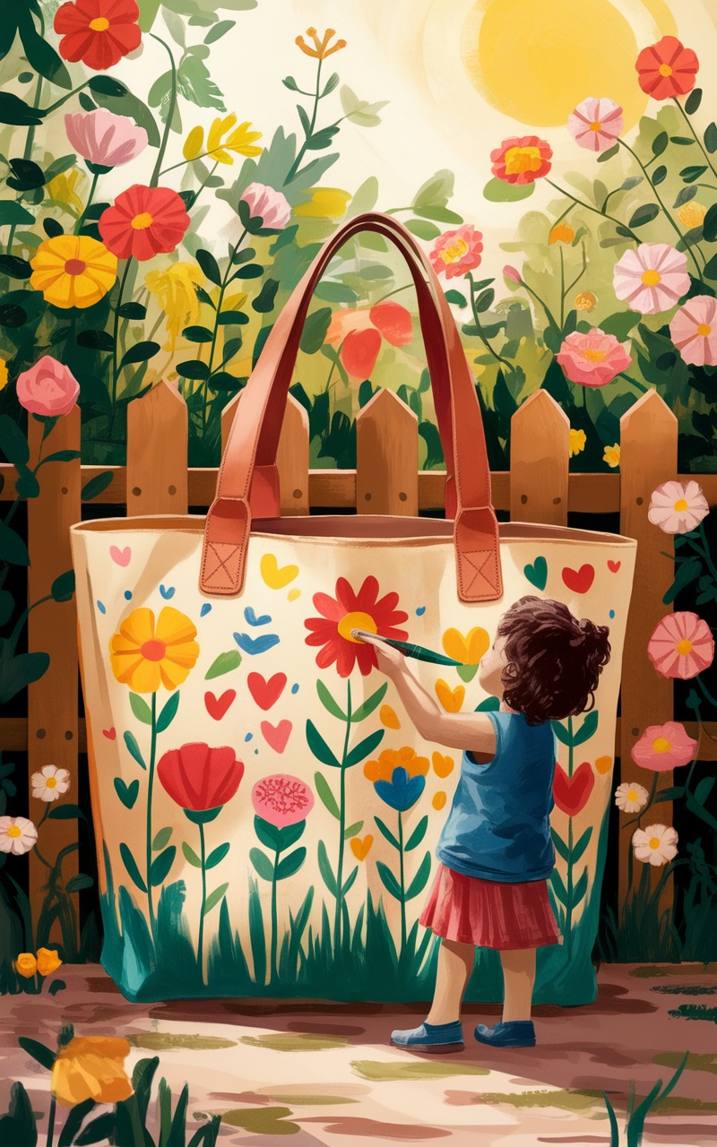 A child painting a colorful flower design on a tote bag in a sunny garden