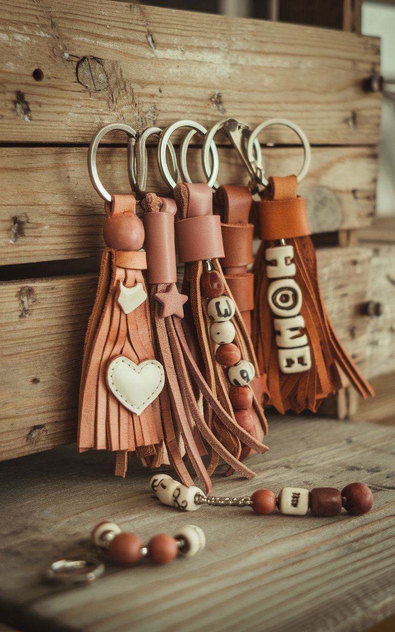 A collection of handmade leather keychains with decorative beads, hung on a wooden rack.