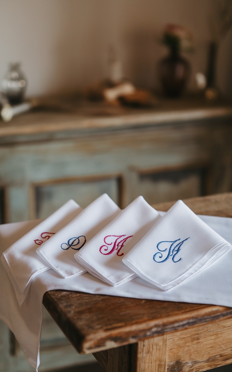 Customized embroidered handkerchiefs with initials on a wooden surface