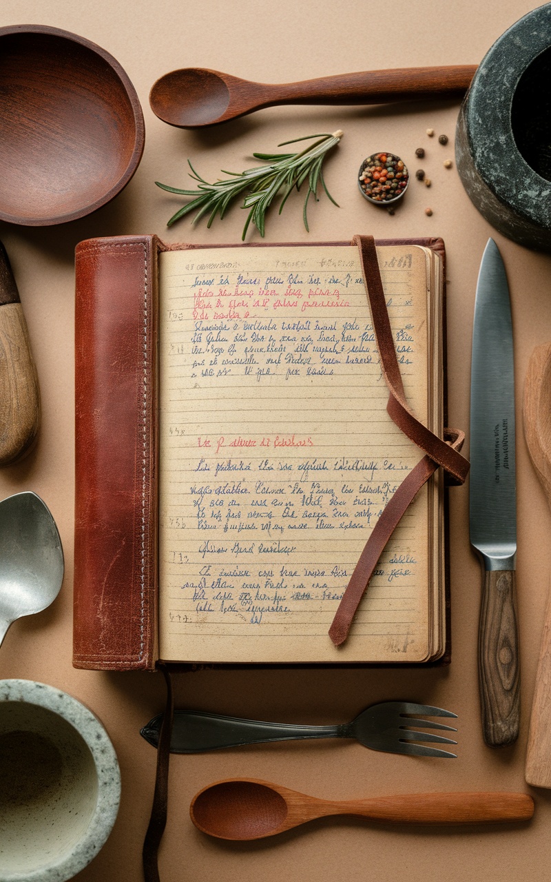 An open recipe book filled with handwritten notes and recipes, surrounded by cooking utensils and fresh ingredients.