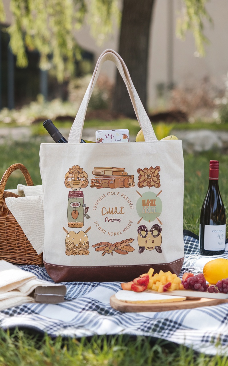 Customized tote bag with playful illustrations, filled with fruits and a bottle of wine, set on a picnic blanket.