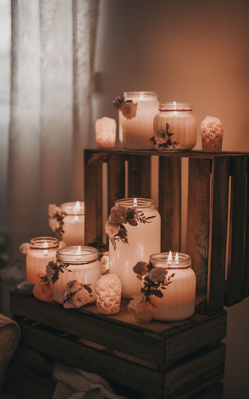 A cozy arrangement of jar candles with flowers, creating a warm ambiance.