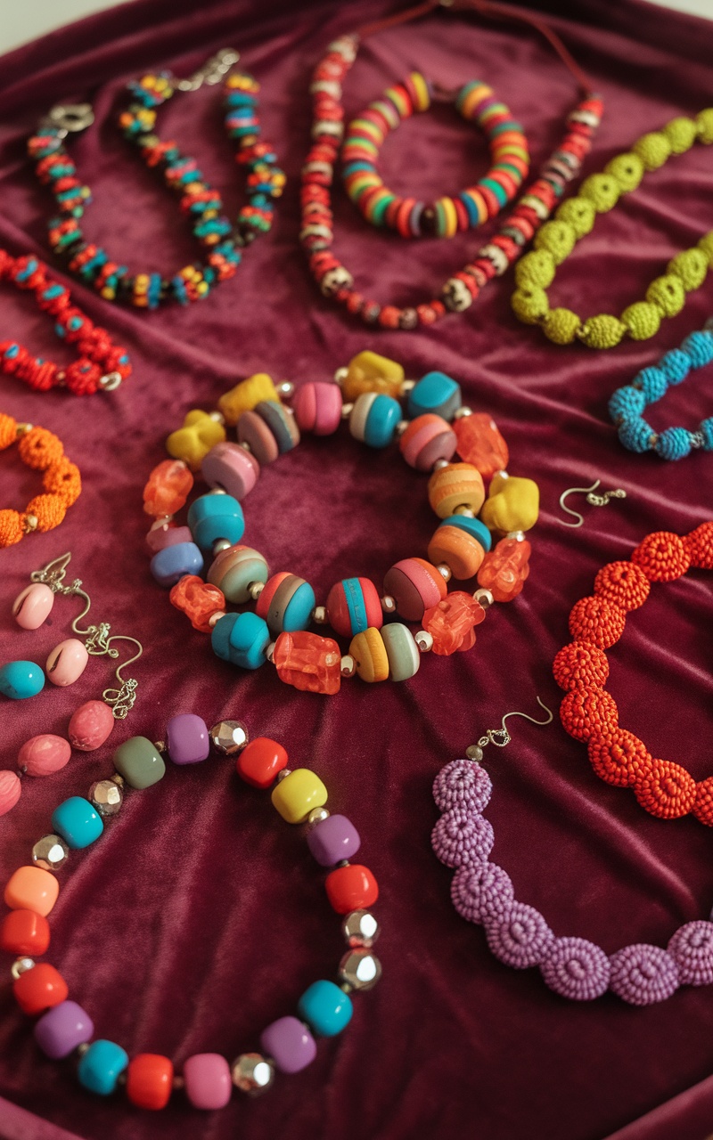 A collection of colorful DIY jewelry made with beads, including necklaces, bracelets, and earrings, displayed with jewelry-making tools.