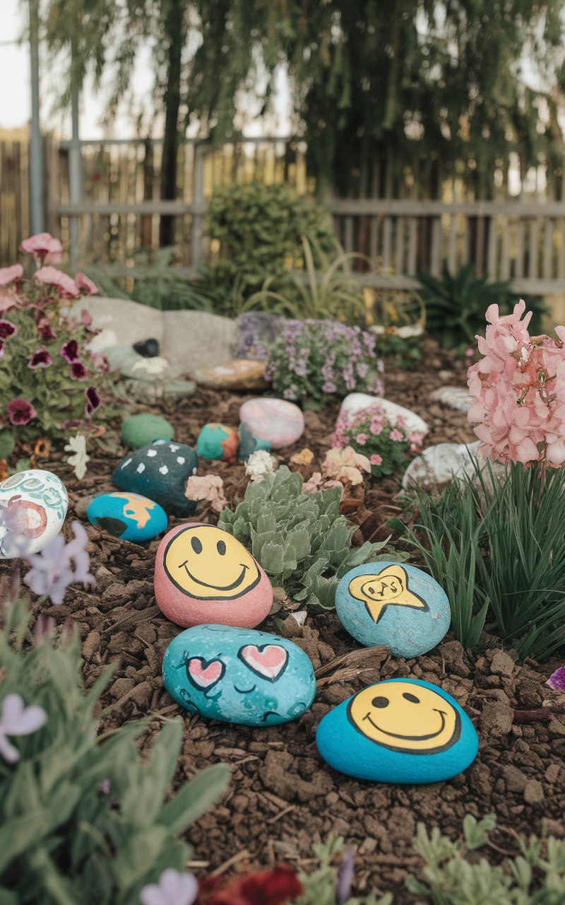 Colorful painted rocks with smiley faces and hearts in a flower garden.