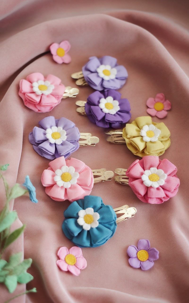 Colorful fabric flower hair clips on a soft pink background