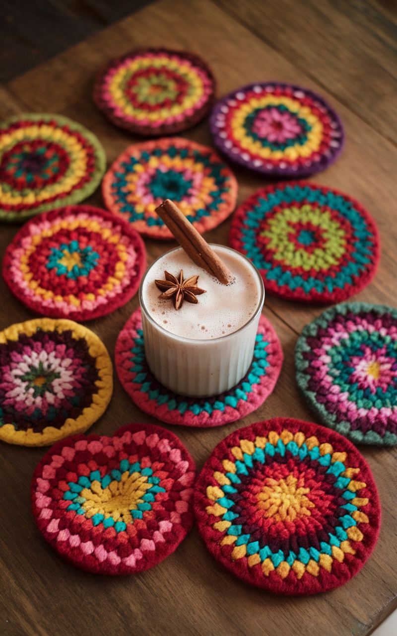 Colorful felted wool coasters arranged around a glass of beverage