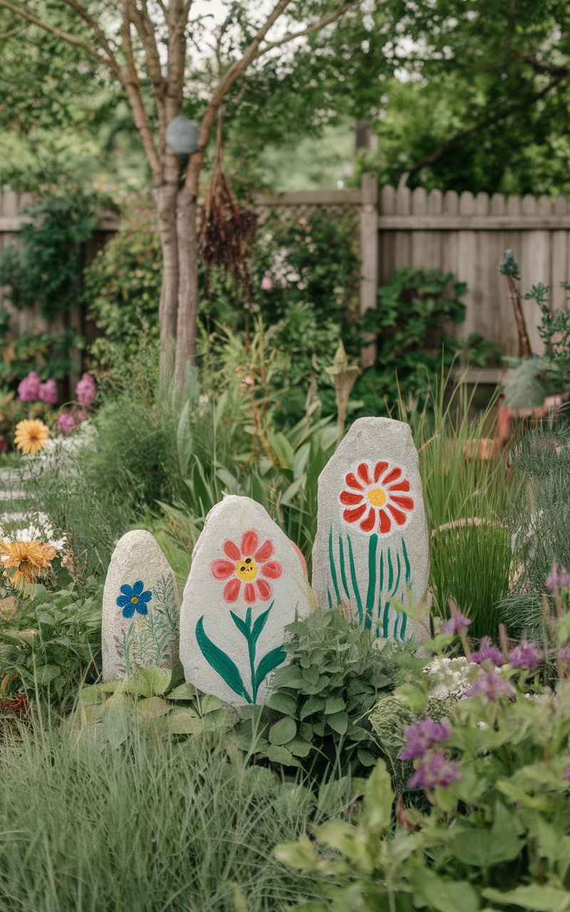 Colorful garden stone markers with plant names surrounded by green foliage and flowers.