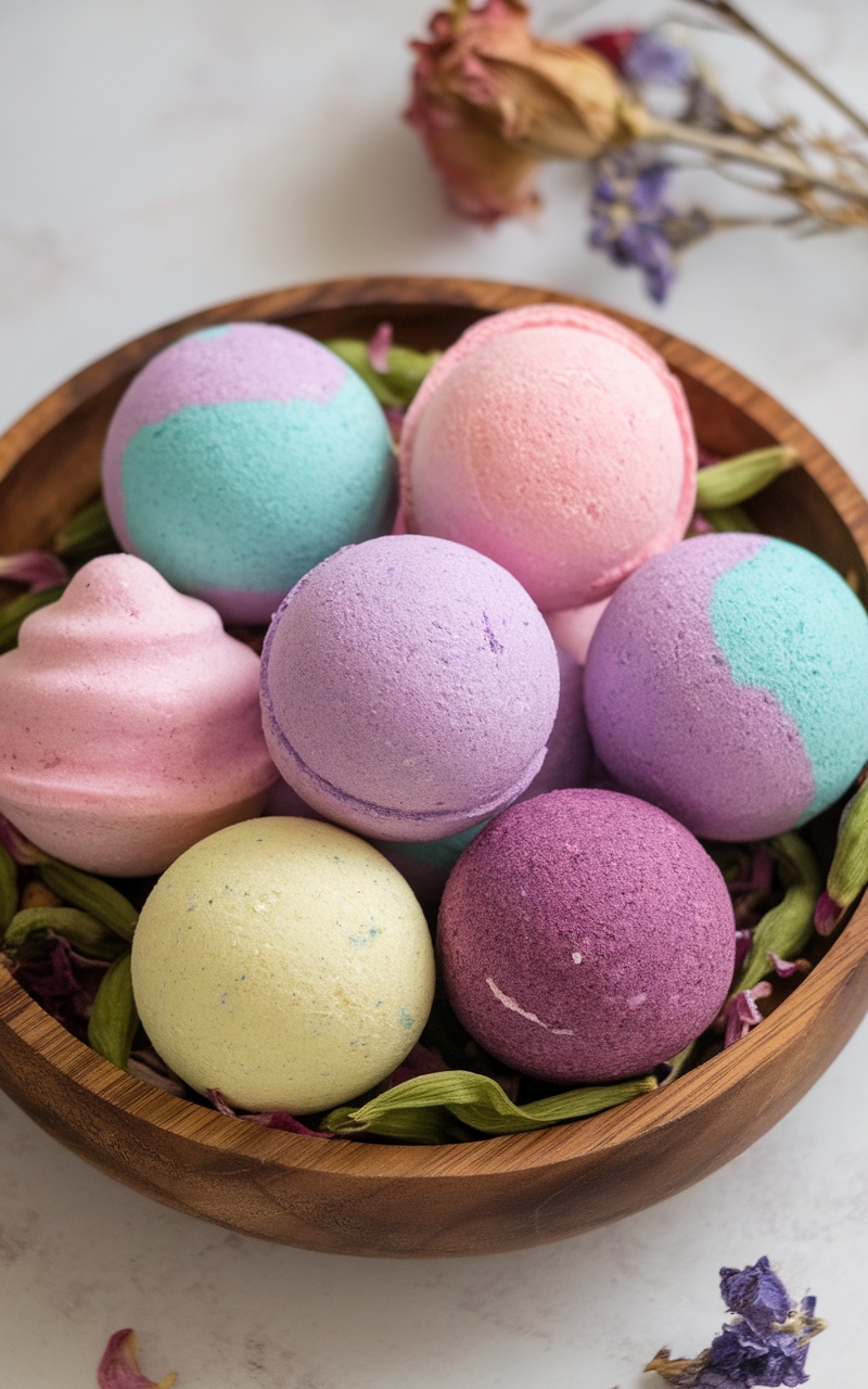 Colorful handmade bath bombs in a wooden bowl