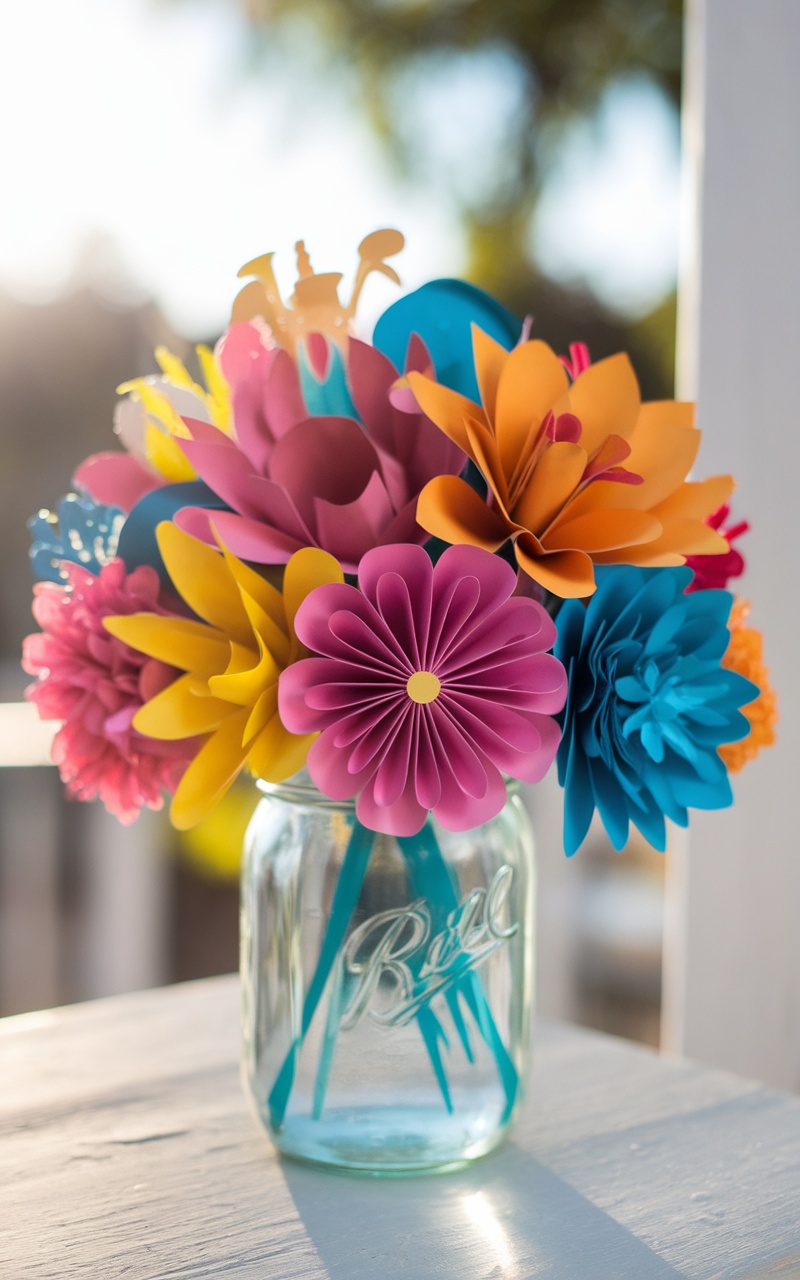 Colorful handmade paper flower bouquet in a mason jar.