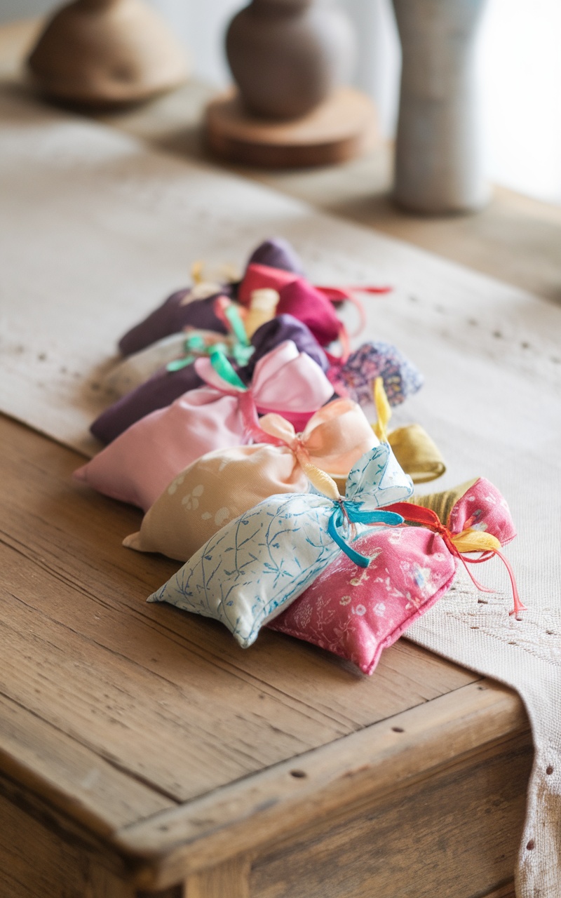 A collection of colorful homemade scented sachets arranged on a wooden table