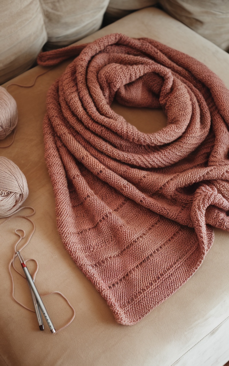 A knitted shawl in soft pink laid out on a couch with yarn and knitting needles nearby.