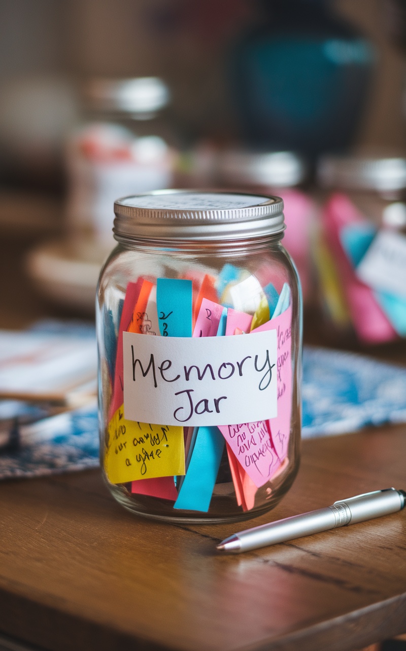 A memory jar filled with colorful notes and labeled 'Memory Jar' on a wooden table, with a pen nearby.