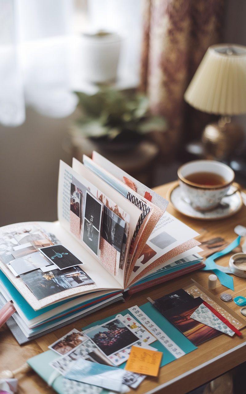 A memory scrapbook with photos, decorations, and a cup of tea beside it on a wooden table.