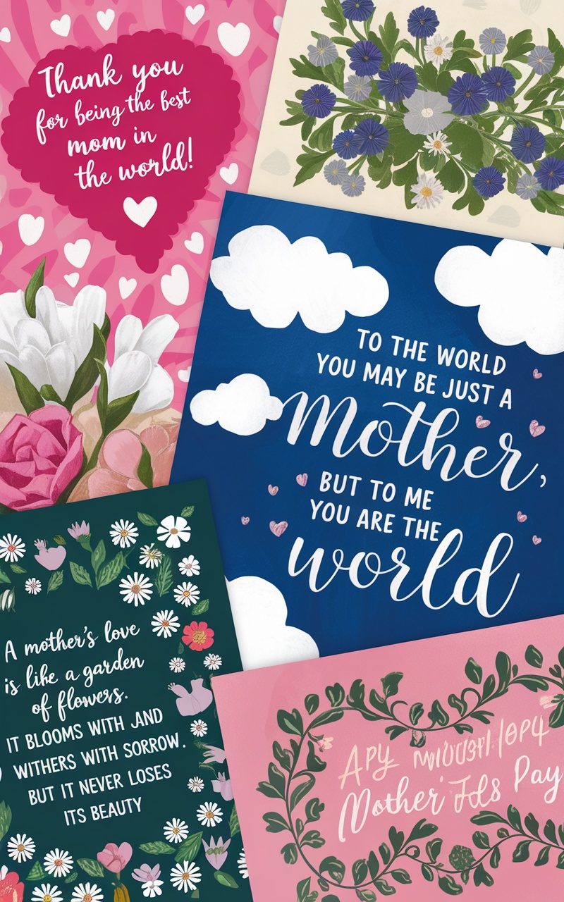 A collection of Mother's Day cards featuring colorful designs and heartfelt messages.