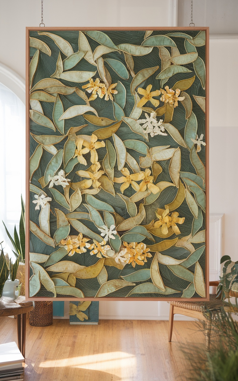 Nature-inspired wall art featuring colorful leaves and flowers