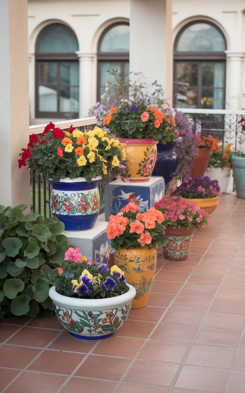 Colorful painted flower pots filled with various flowers, arranged on a patio.