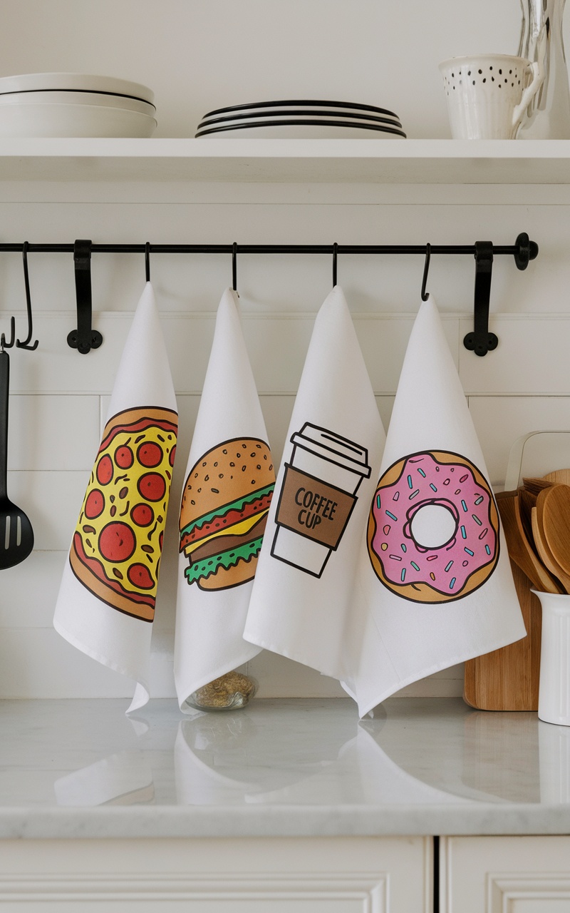 A set of playful kitchen towels with food illustrations, including pizza, burger, coffee cup, and donut, hanging in a kitchen.